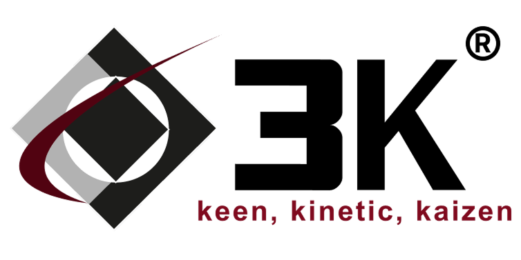 3K Technologies logo featuring nested black, white, and gray diamonds with a sweeping maroon swoosh and the tagline 'keen, kinetic, kaizen'.