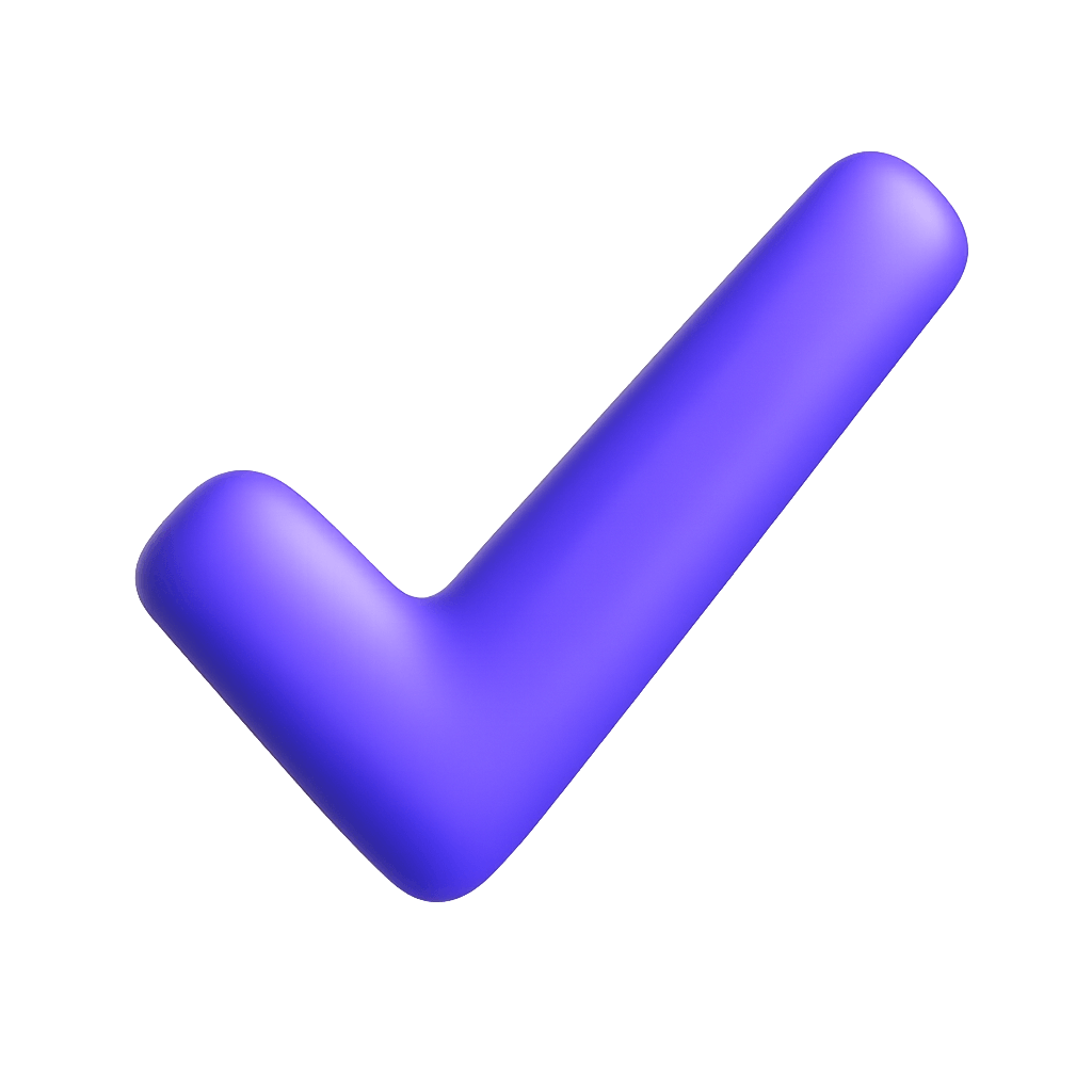 3D purple checkmark icon with rounded edges on transparent background.
