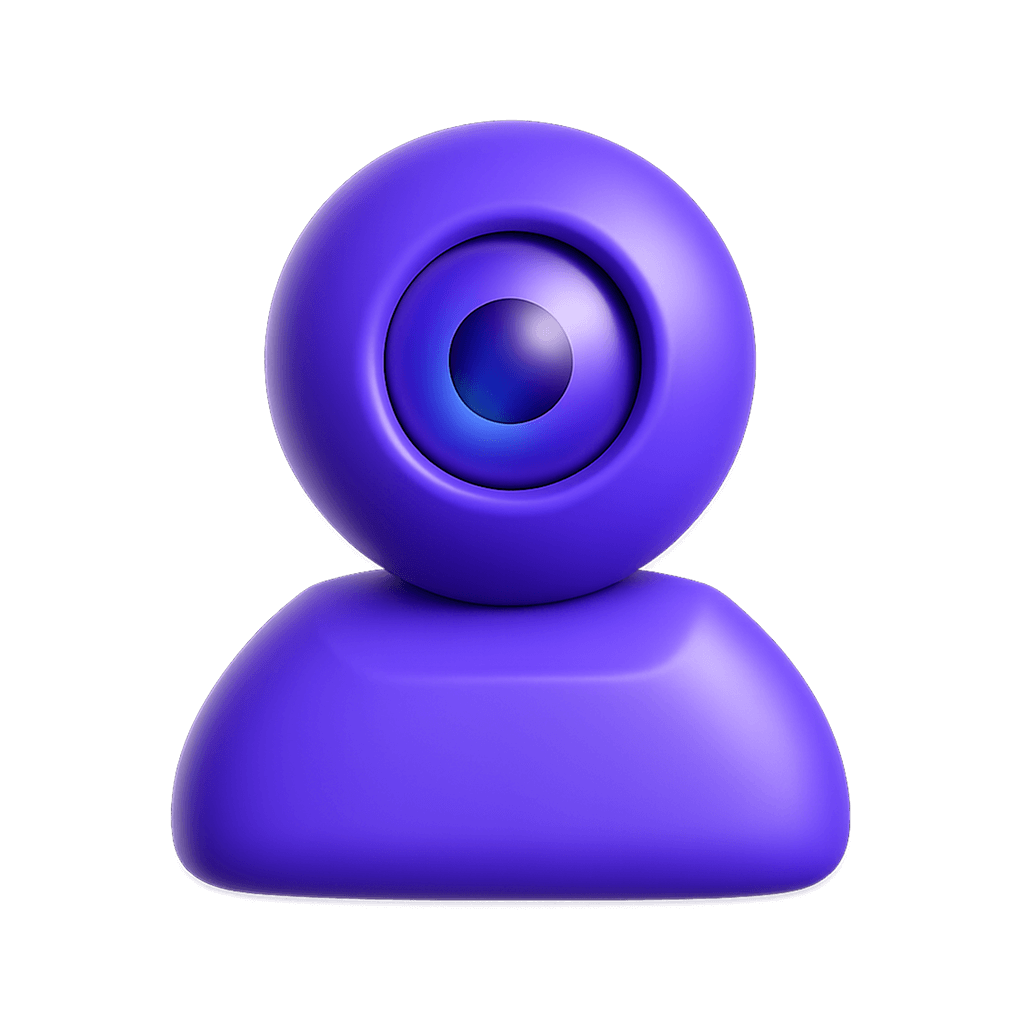 3D purple webcam icon with a circular lens on top of a rounded base against a black background.