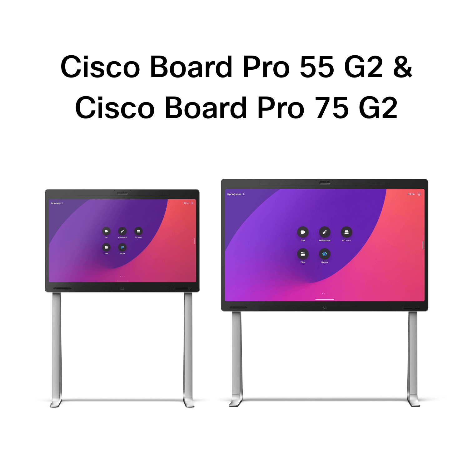 Cisco Board Pro 55 G2 and Cisco Board Pro 75 G2 interactive smart screens with colorful interface on white background.