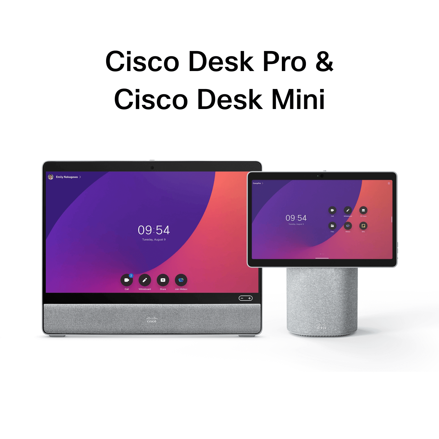 Cisco Desk Pro and Cisco Desk Mini video conferencing devices with touchscreen displays showing app icons and times.