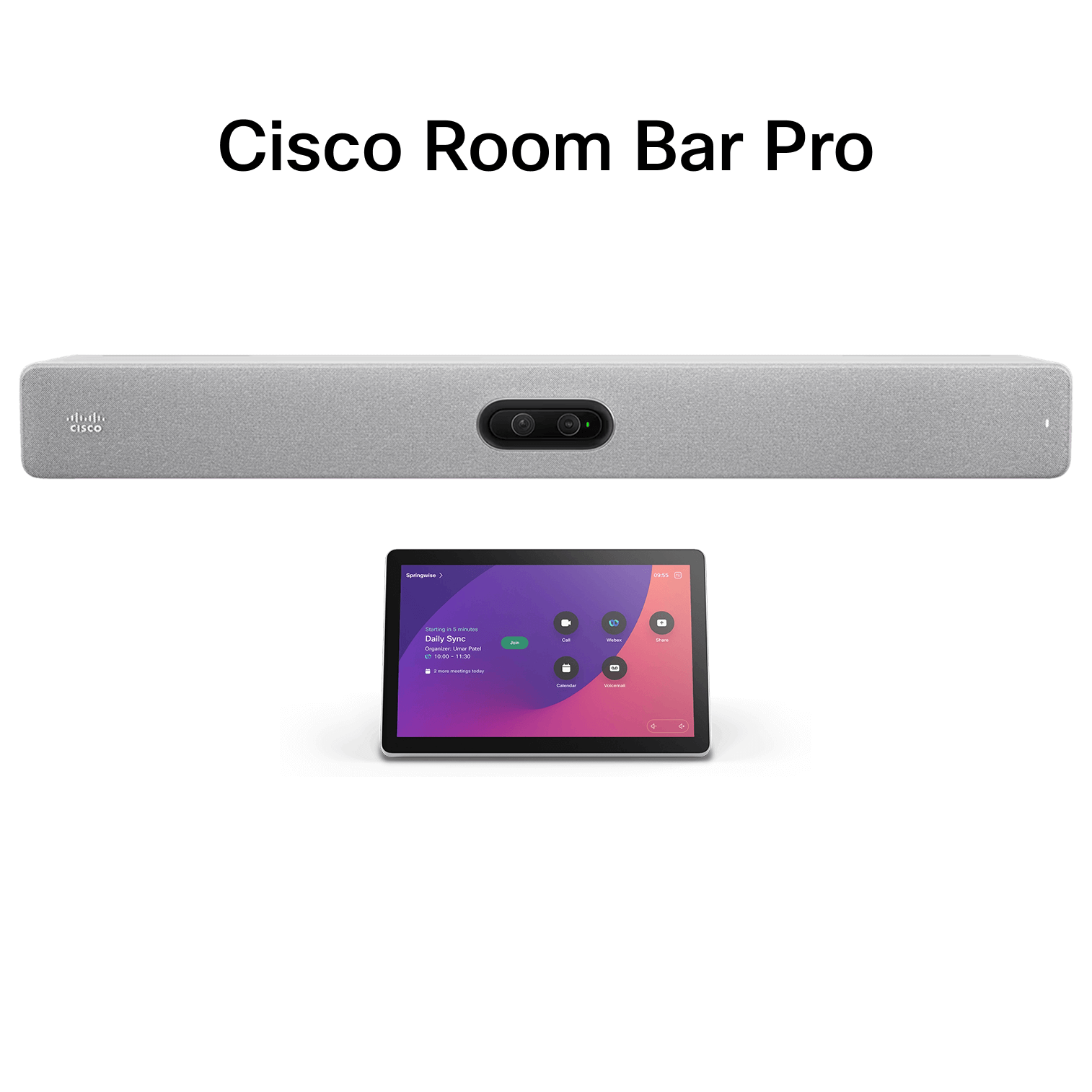 Cisco Room Bar Pro video conferencing soundbar with integrated camera above a touchscreen controller displaying a meeting interface.