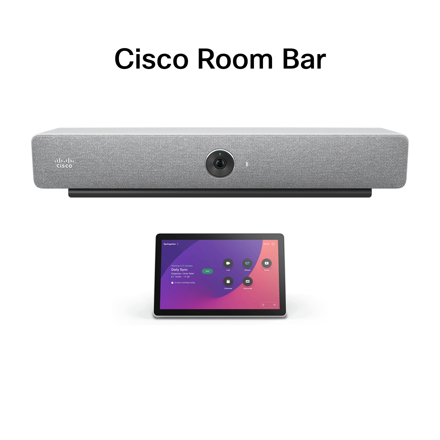 Cisco Room Bar video conferencing device with integrated camera and a touchscreen controller displaying meeting options.