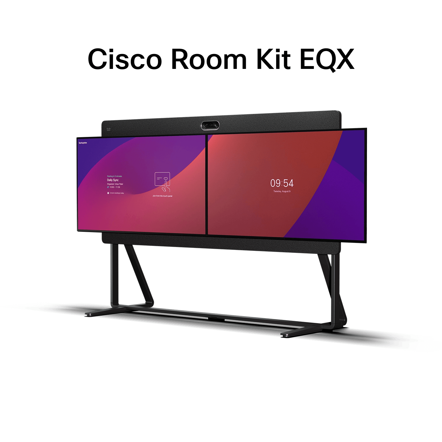 Dual-screen Cisco Room Kit EQX video conferencing system on stand with cameras and interface.