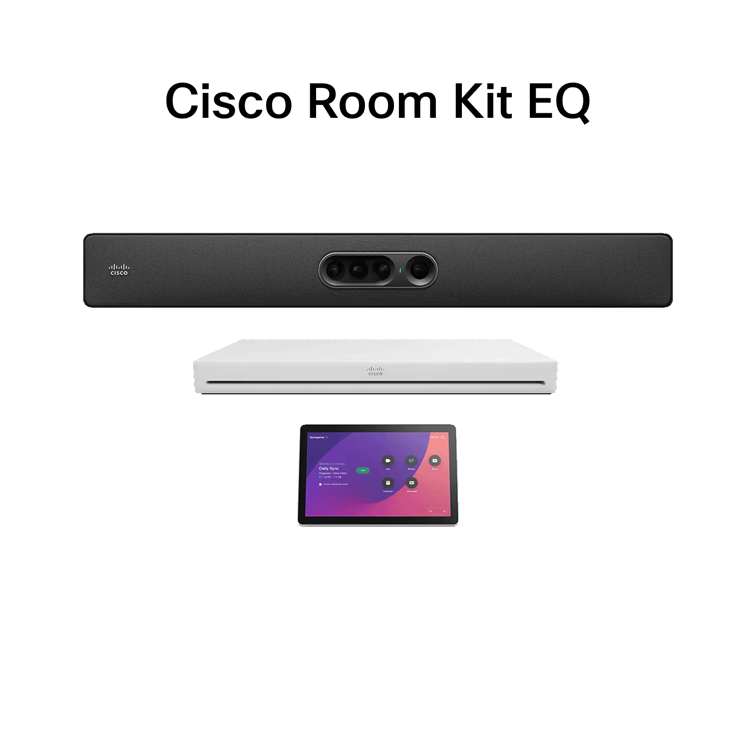 Cisco Room Kit EQ features a black soundbar with integrated camera, a white control unit, and a touchscreen control panel with video meeting interface.