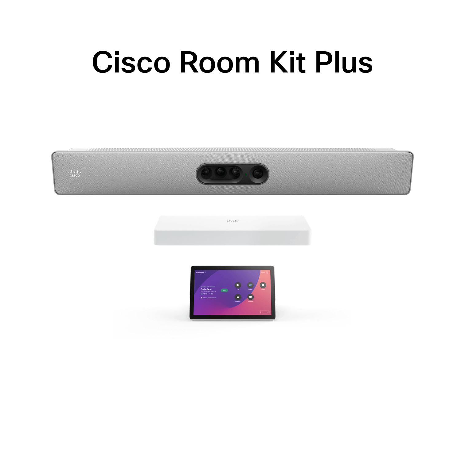 Cisco Room Kit Plus video conferencing system with camera bar, white control unit, and touchscreen controller displaying meeting options.