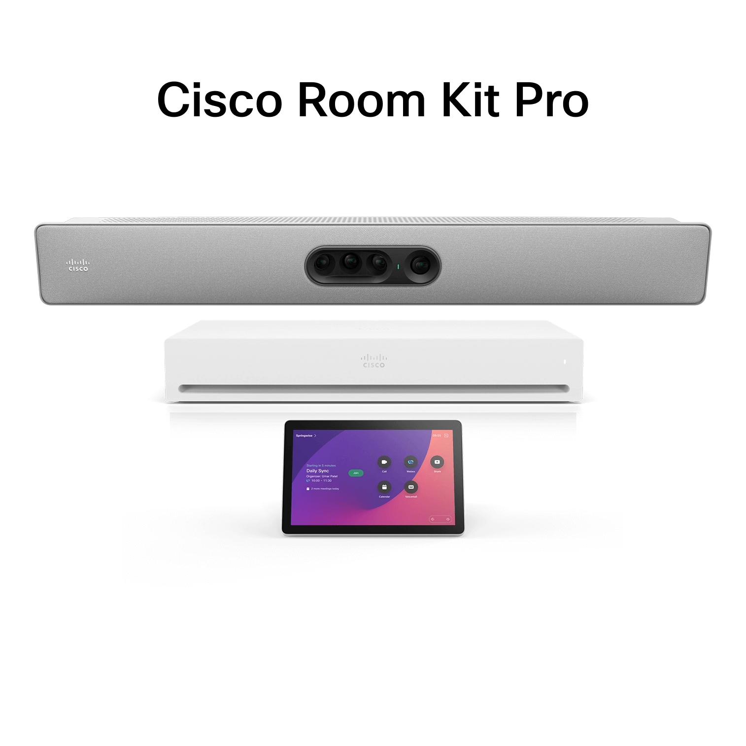 Cisco Room Kit Pro consisting of a grey video bar with multiple cameras, a white control unit, and a touchscreen panel showing meeting controls.
