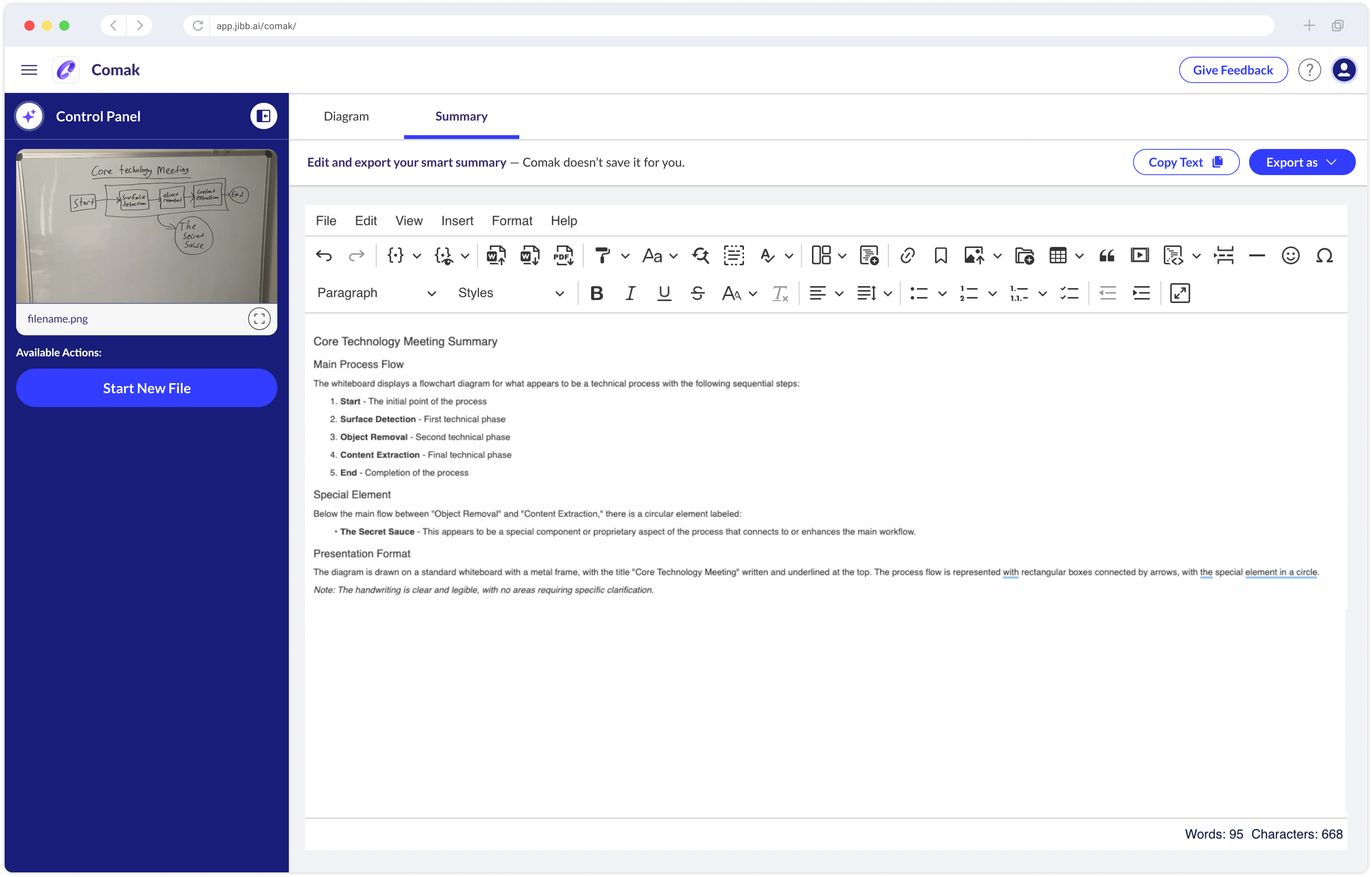 Screenshot of Comak app showing a smart summary of a core technology meeting flowchart with steps including Start, Surface Detection, Object Removal, Content Extraction, and End, plus a special element labeled The Secret Sauce.