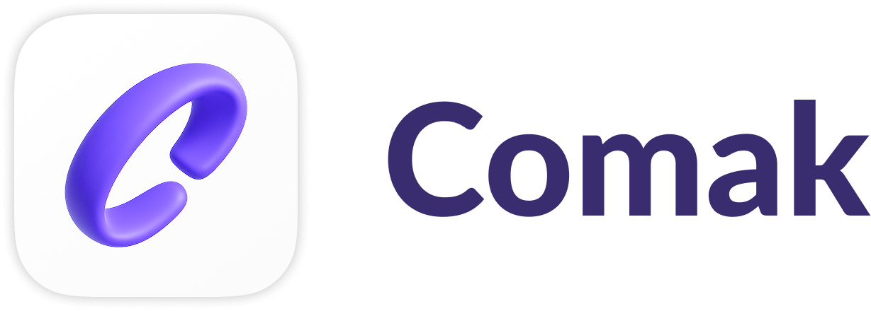 Logo with a stylized 3D purple letter C inside a rounded square, next to the text 'Comak' in dark purple.