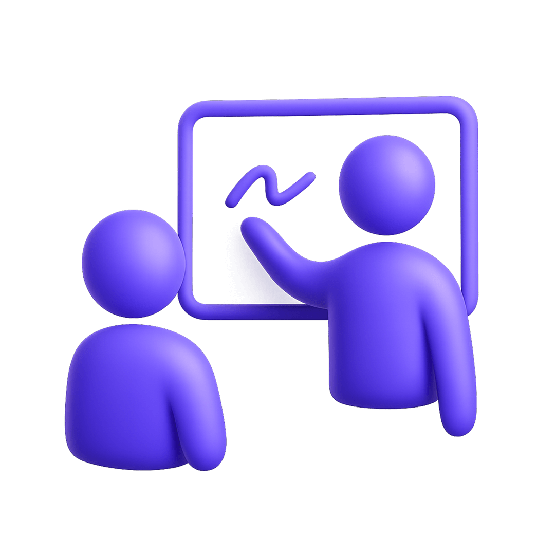 Two purple 3D figures with one pointing at a whiteboard displaying a squiggly line.