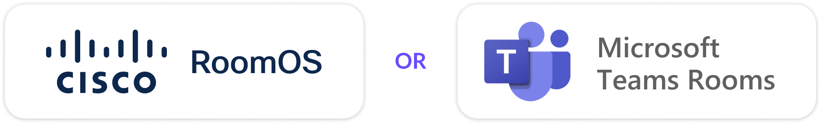 Cisco RoomOS logo on the left and Microsoft Teams Rooms logo on the right with the word OR in between.