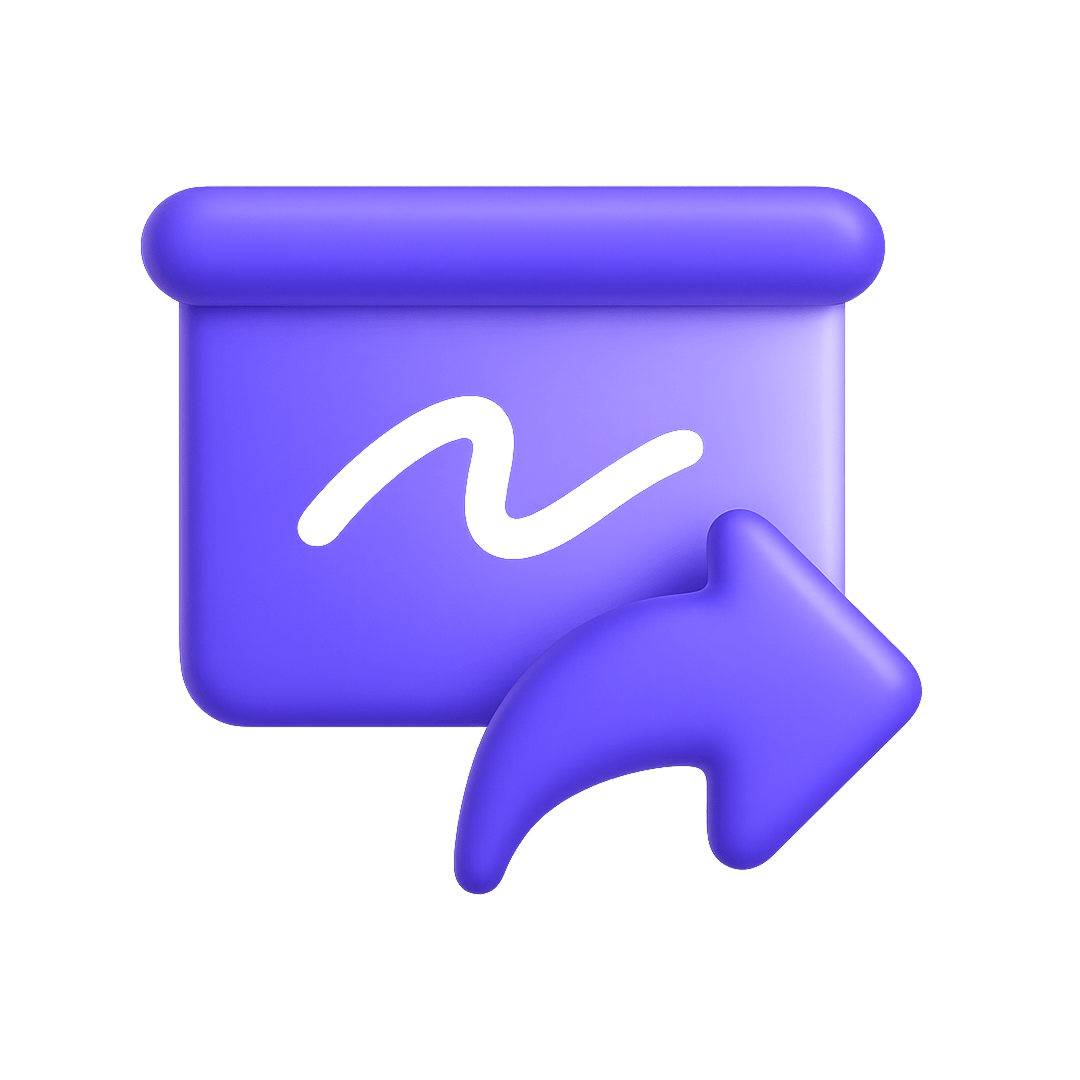 Purple digital whiteboard icon with a white squiggly line and a large curved arrow pointing right.