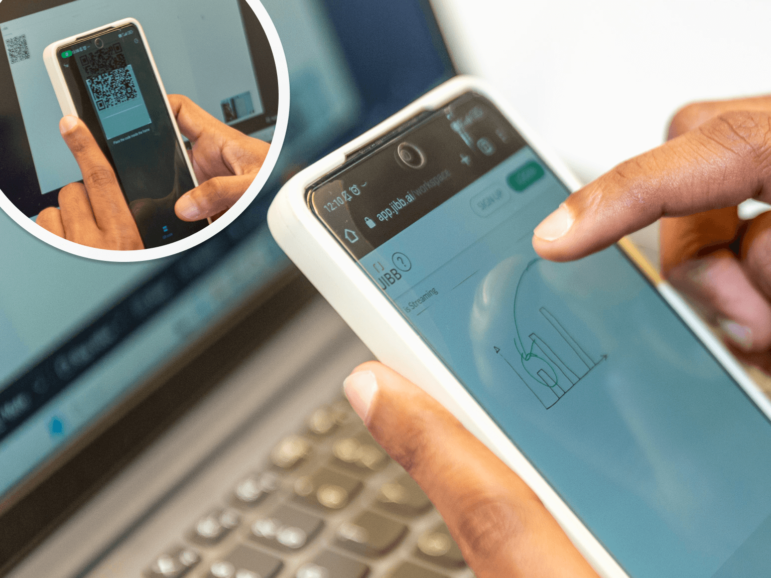 Person interacting with a mobile app displaying a chart, with an inset showing the phone scanning a QR code on a computer screen.