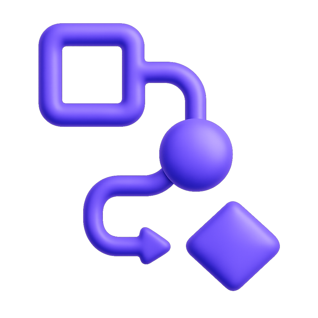 Three-dimensional purple flowchart icons including a rounded square, a circle, and a diamond connected by curved arrows.