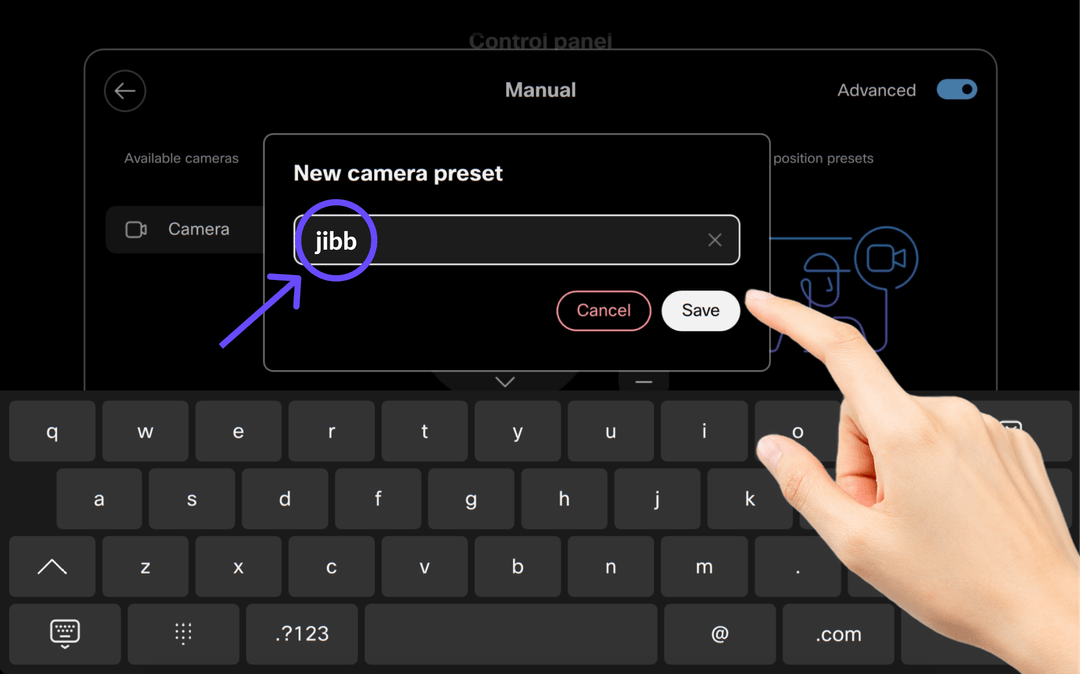 User interface showing a new camera preset named 'jibb' being saved with a finger pointing at the Save button on a touchscreen keyboard.