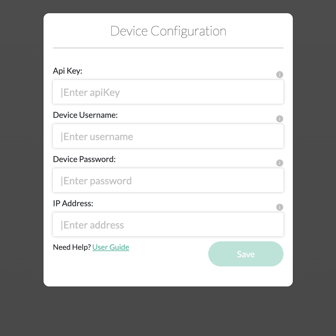 Device Configuration form with fields for API Key, Device Username, Device Password, IP Address, a User Guide link, and a Save button.