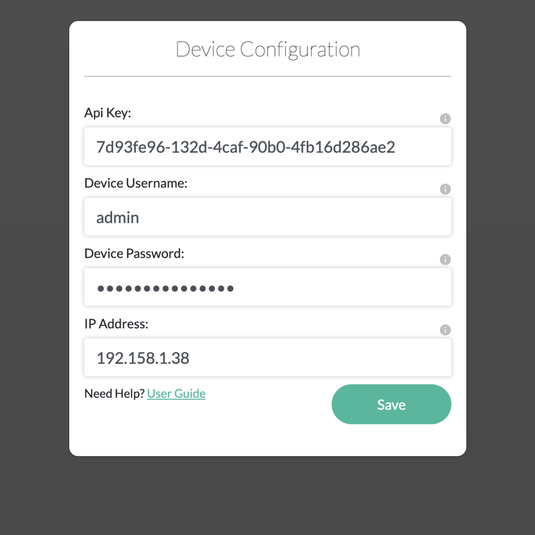 Device configuration form showing filled fields for API key, username admin, masked password, and IP address 192.158.1.38 with a save button.