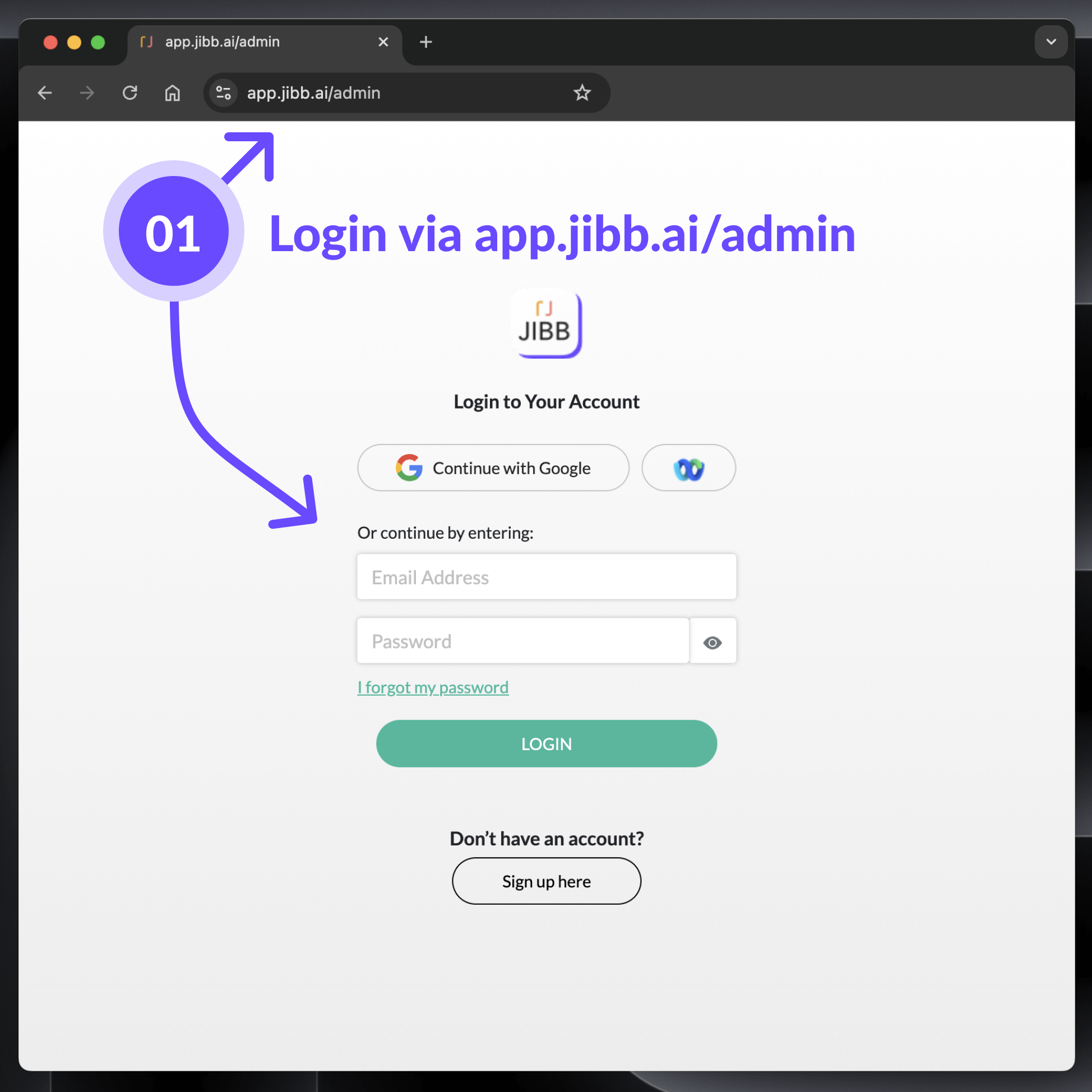 Login page for app.jibb.ai/admin with options to continue with Google, WebAuthn, or by entering email and password, plus a sign-up link.