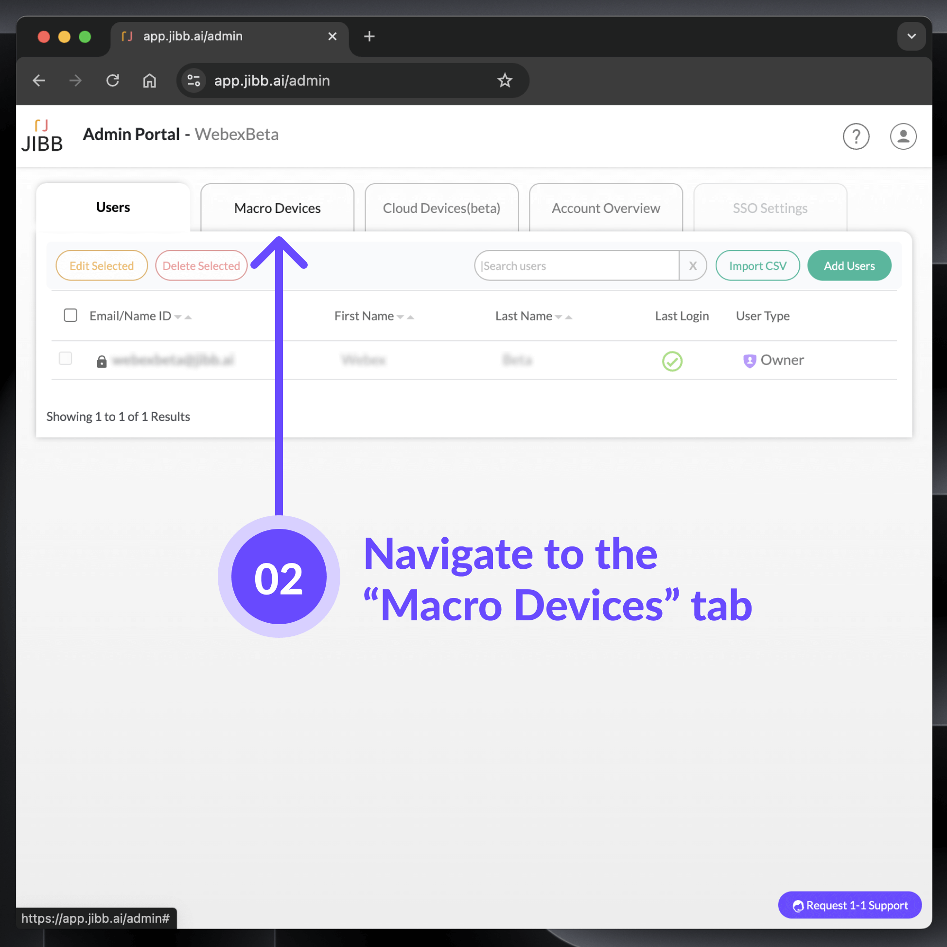 JIBB Admin Portal web page showing the Users tab with one user listed and an arrow pointing to the Macro Devices tab with instruction to navigate there.