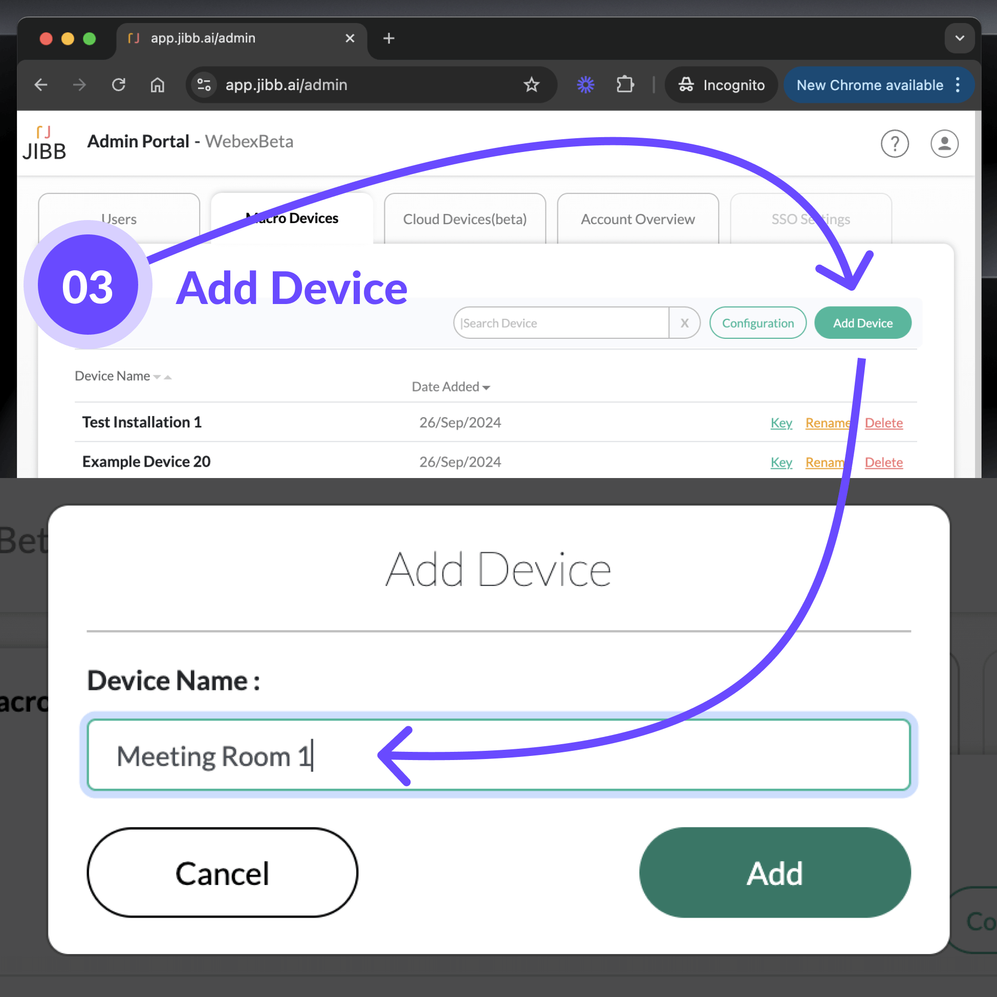 Admin Portal interface showing step 3 to add a device named 'Meeting Room 1' with arrows pointing from the Add Device button to the input field and Add button.