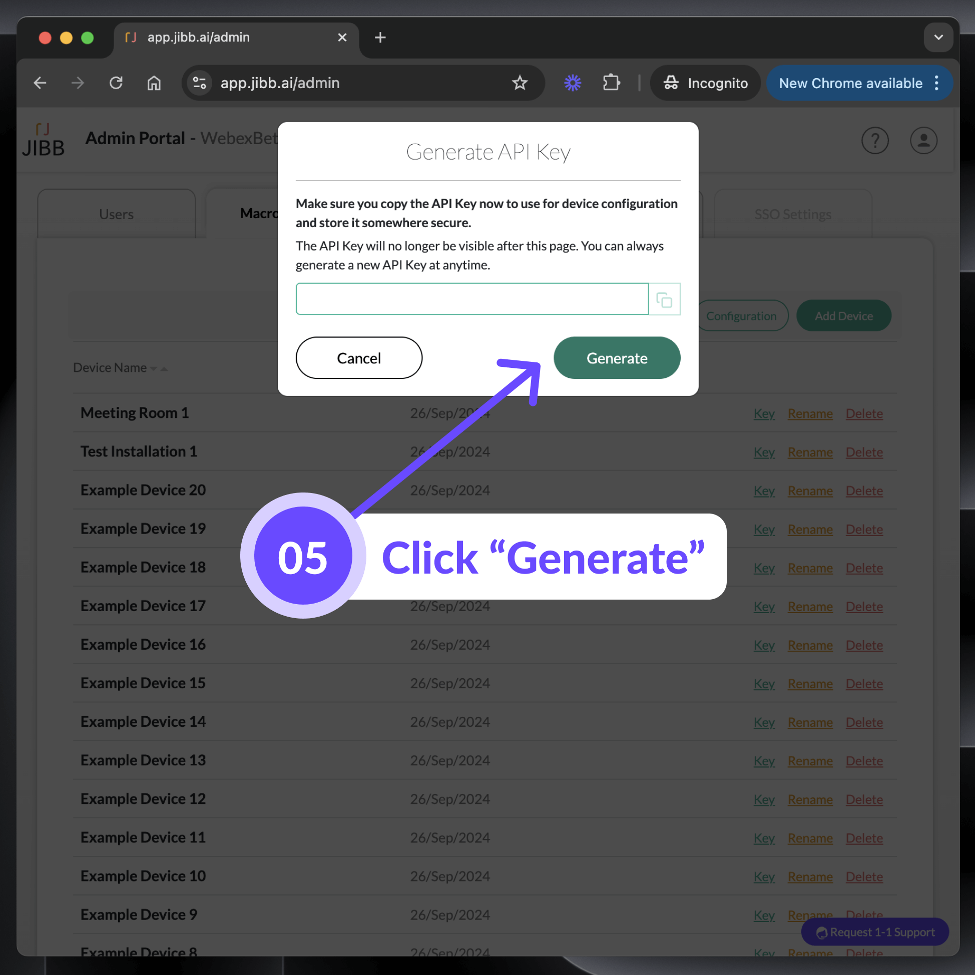Admin portal screen showing a popup window to generate an API key with instructions and buttons labeled Cancel and Generate, highlighted by a purple arrow and circle indicating step 05 to click Generate.