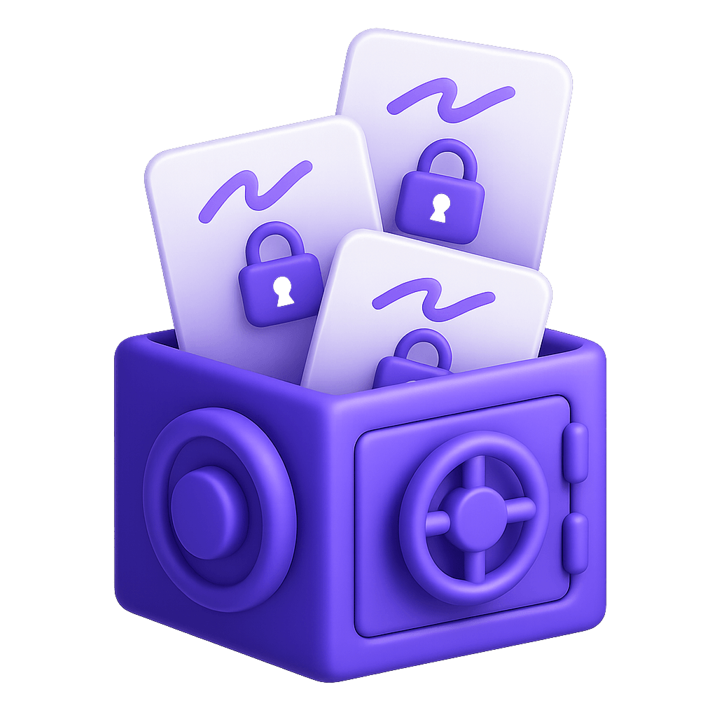 Purple safe vault containing three cards each with a purple padlock icon, symbolizing secure data protection.