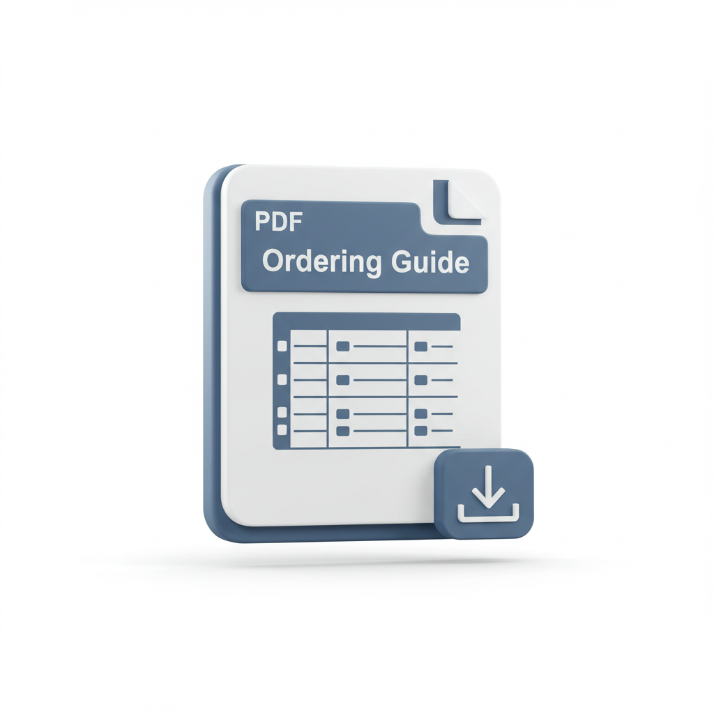 3D icon of a PDF document labeled Ordering Guide with a table and a download arrow symbol.