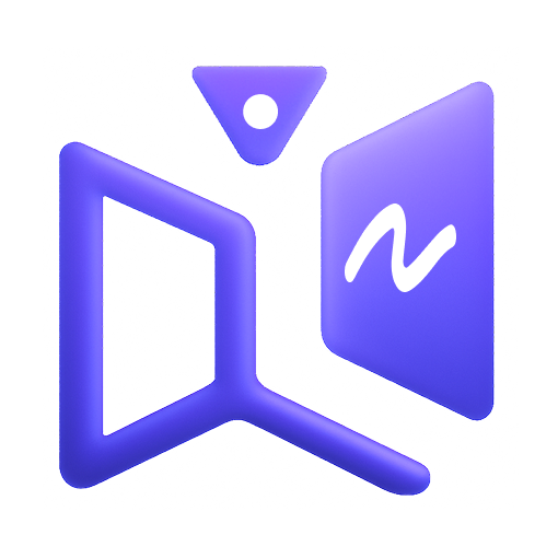 Stylized purple abstract logo with geometric shapes and a wavy line on a rounded white square background.