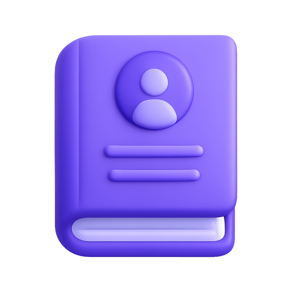 3D purple icon of a user profile book with a person symbol and two horizontal lines.