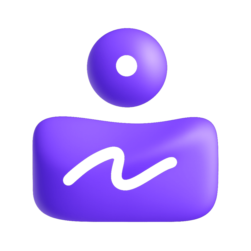 Abstract purple rounded rectangle with a white curved line and a purple circle featuring a white dot above it.
