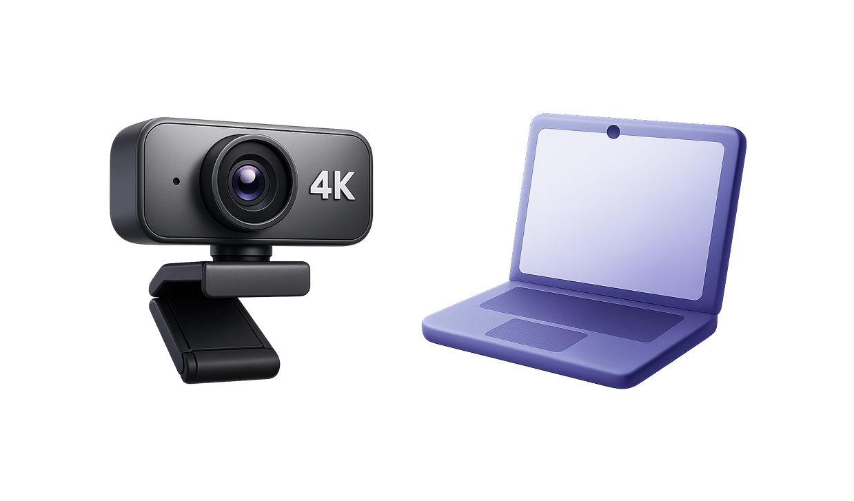 Black 4K webcam next to a purple laptop with a built-in webcam on a white background.