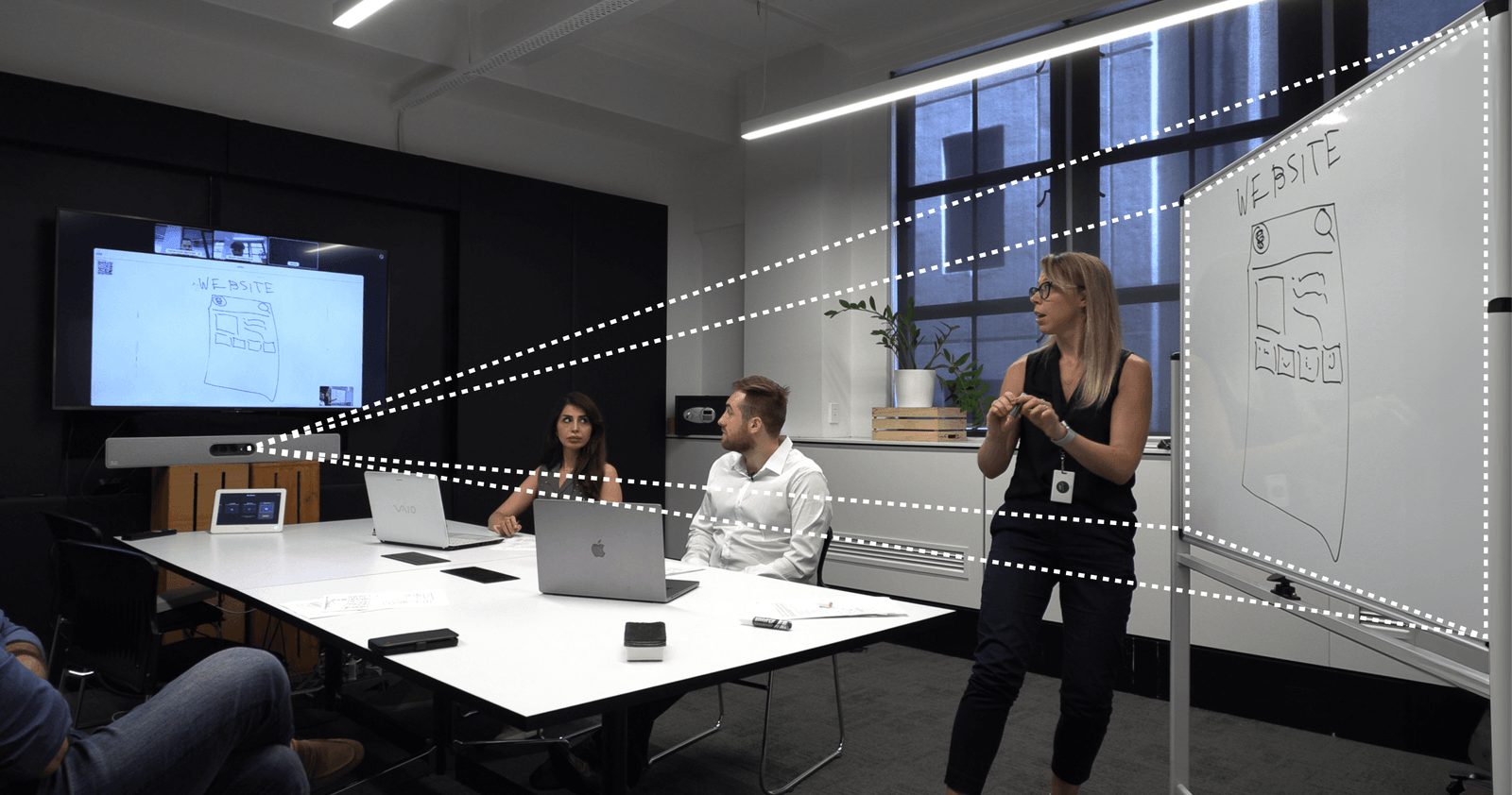 Three people in a meeting room with laptops, a woman presenting a website wireframe on a whiteboard, shown also on screen and a video device.