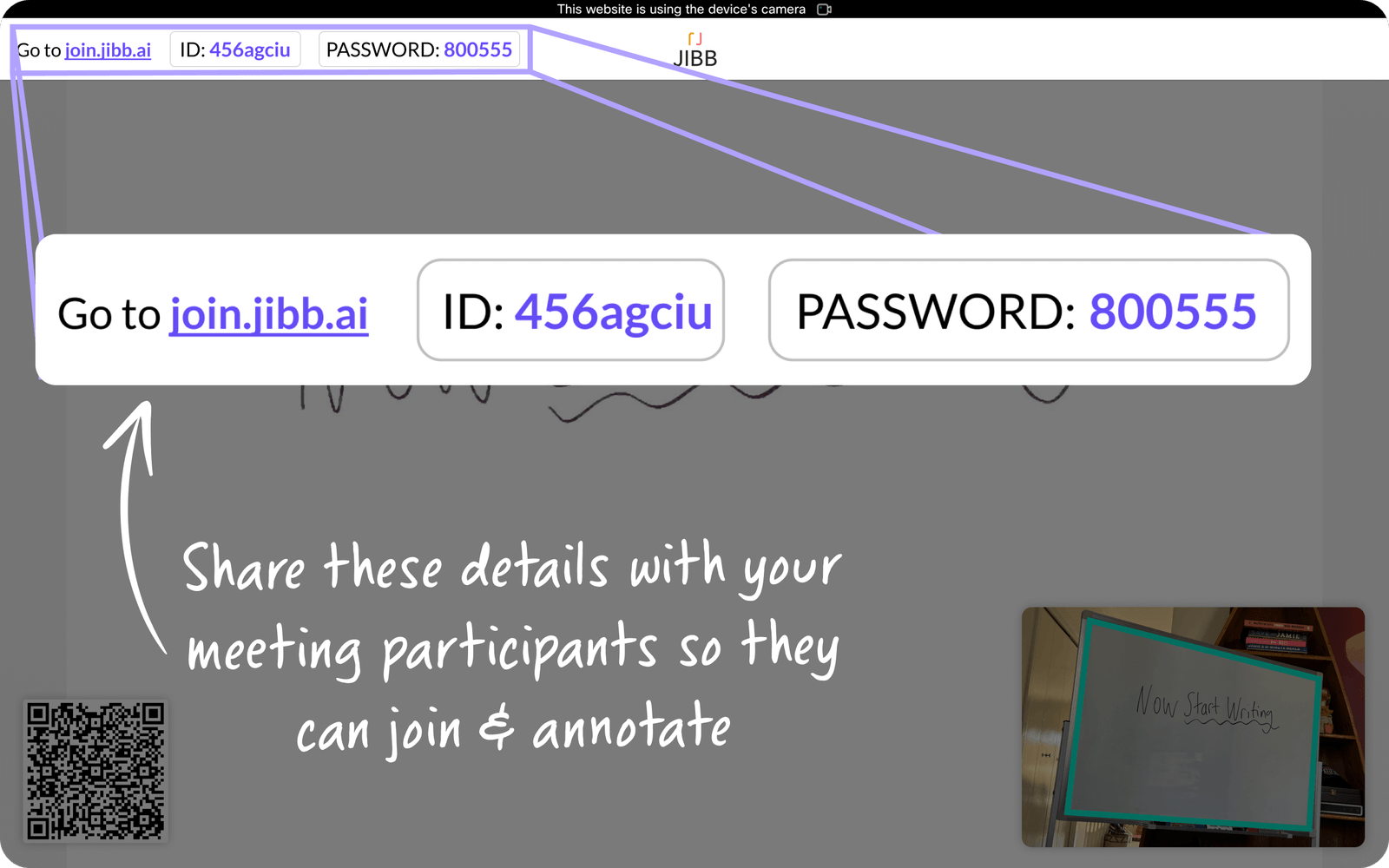Screen showing meeting join details with URL join.jibb.ai, ID 456agciu, and password 800555, plus instruction to share these details for participants to join and annotate.