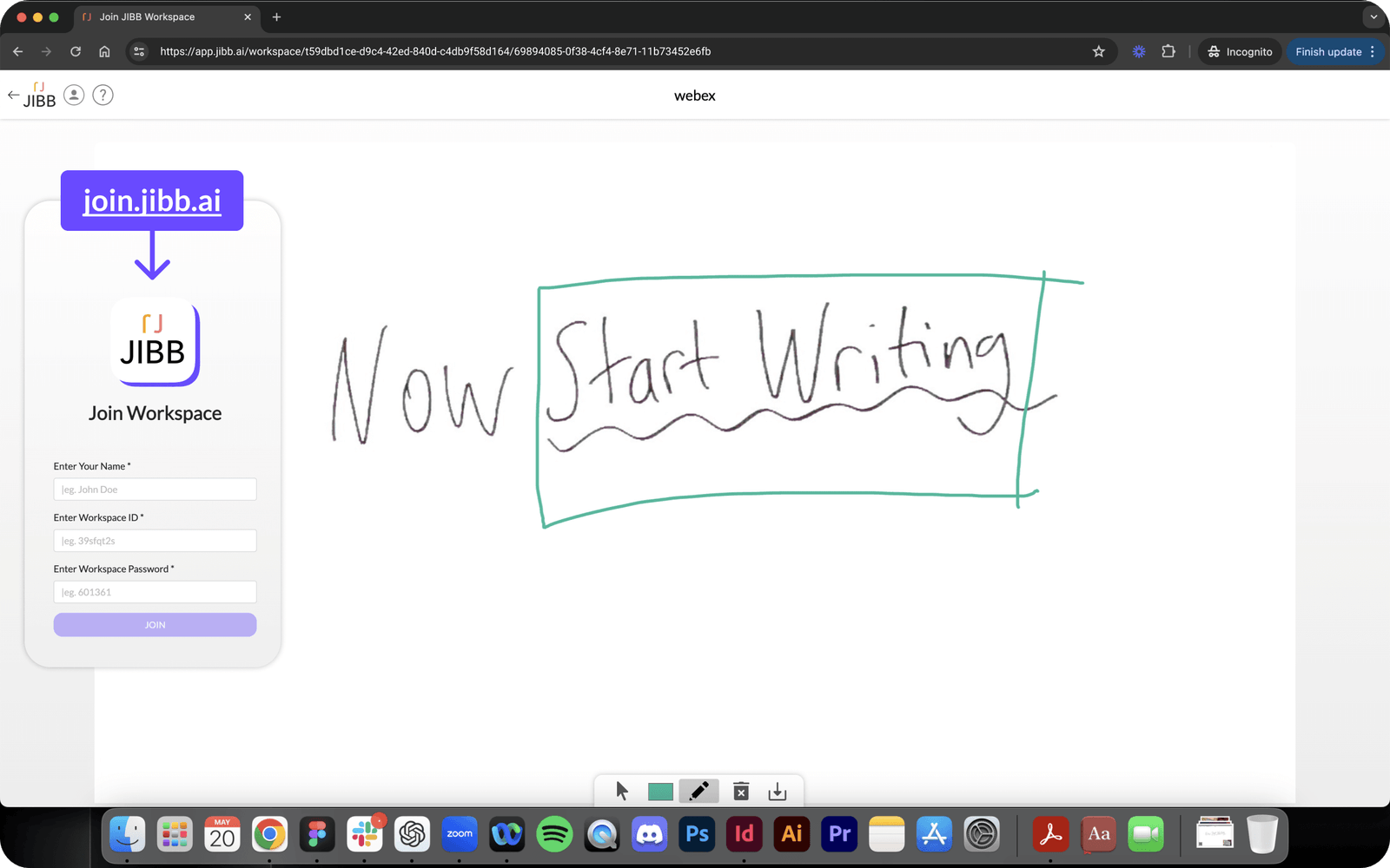 Screenshot of JIBB workspace join page on a browser with a sign-up form on the left and handwritten text saying 'Now Start Writing' on the right.