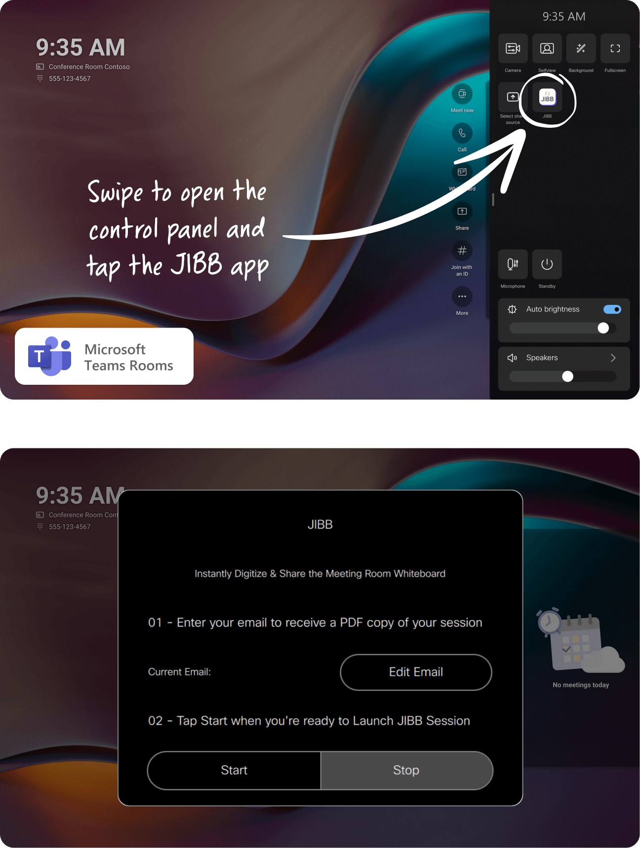 Microsoft Teams Rooms interface showing instructions to swipe open the control panel and tap the JIBB app, with a JIBB session window to enter email and start or stop the session.