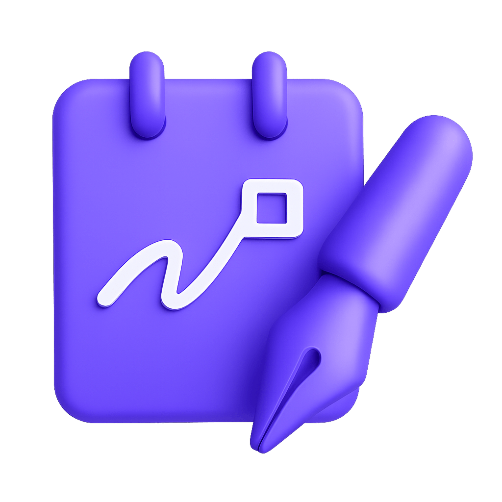 Purple 3D icon of a calendar with a pen nib symbolizing digital signature or document signing.