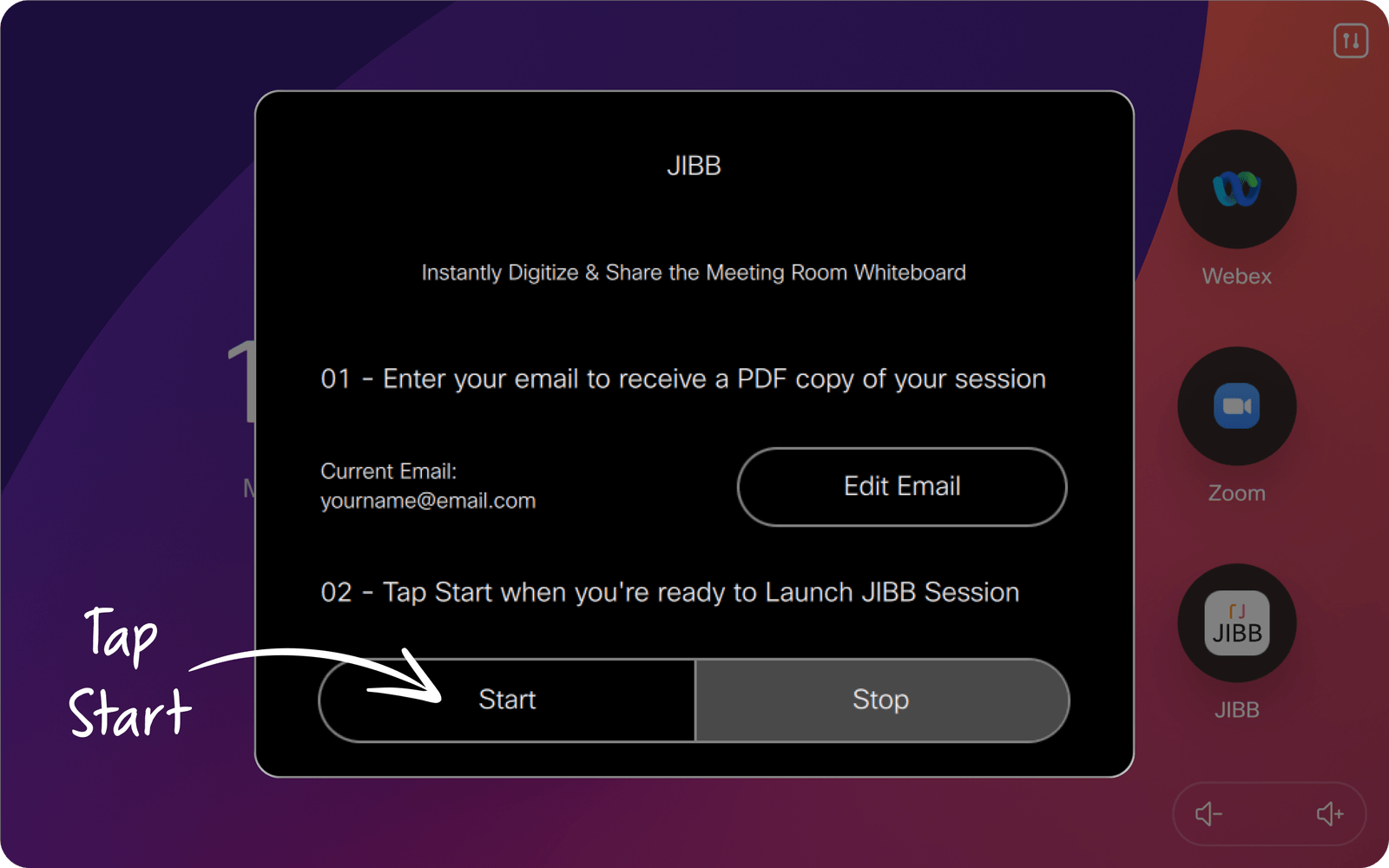 JIBB app interface prompting user to enter email to receive a PDF of the session, showing current email as yourname@email.com, with buttons to edit email, start, and stop the session.