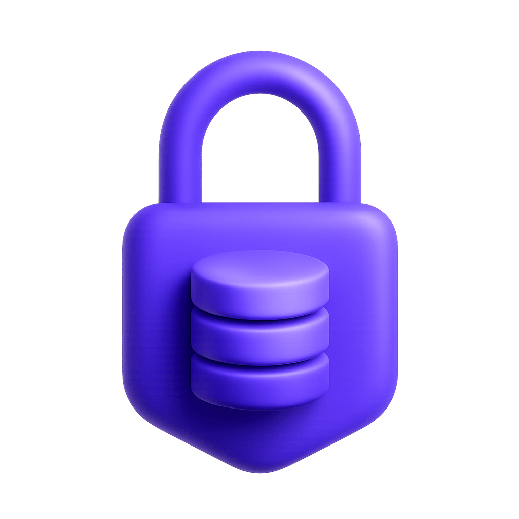 Purple padlock symbol with a stacked database icon on the front.