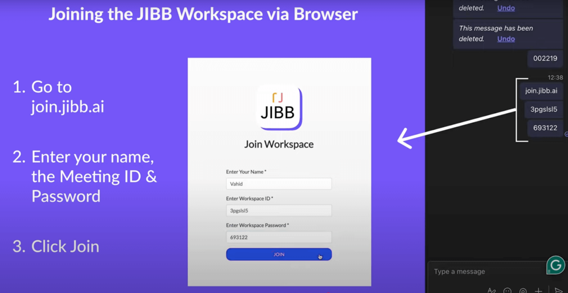 Instructions for joining the JIBB Workspace via browser, showing steps to go to join.jibb.ai, enter name, workspace ID, and password, and click Join with a screenshot of the Join Workspace form filled in.