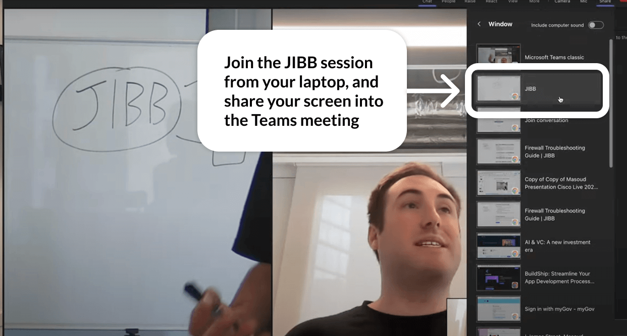 Screenshot of a Microsoft Teams screen sharing menu with a message to join the JIBB session and share the screen into the Teams meeting.