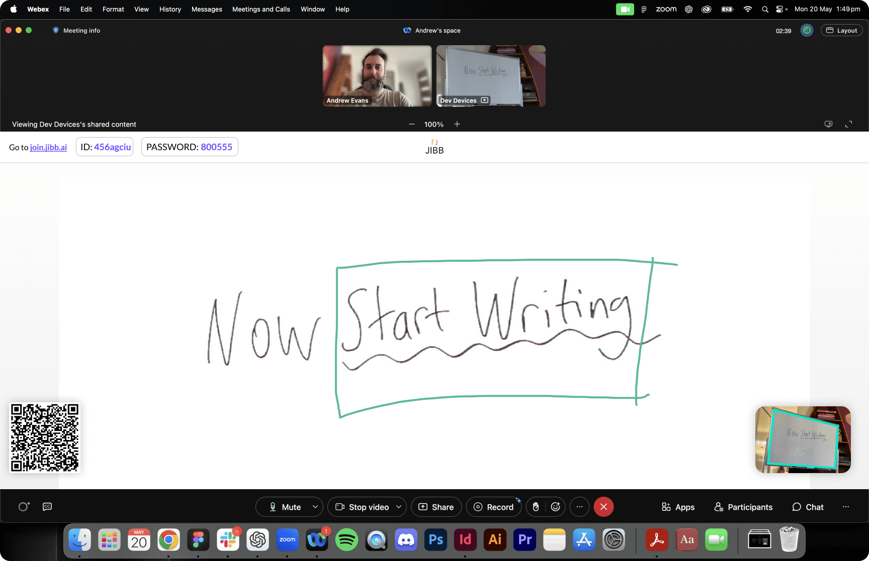 Webex meeting screen sharing a whiteboard with handwritten text saying 'Now Start Writing' underlined and enclosed in a green rectangle.