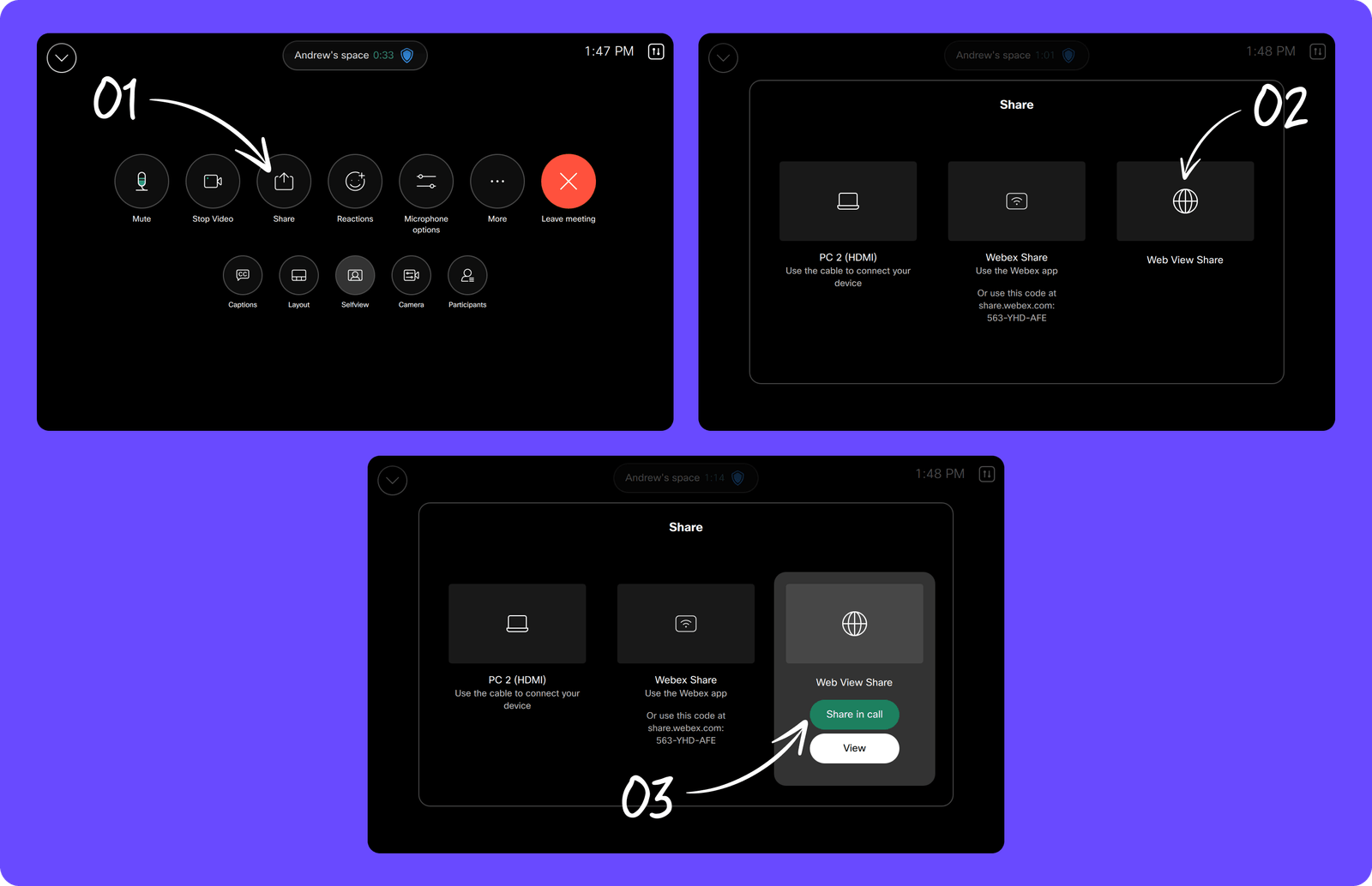 Three Webex screen steps showing: 1. Click the Share button on meeting controls, 2. Select Web View Share option in Share menu, 3. Click Share in call to start web view sharing.