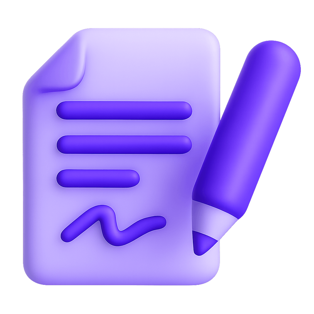 Purple stylized icon of a document with three horizontal lines and a signature line, alongside a large marker pen.