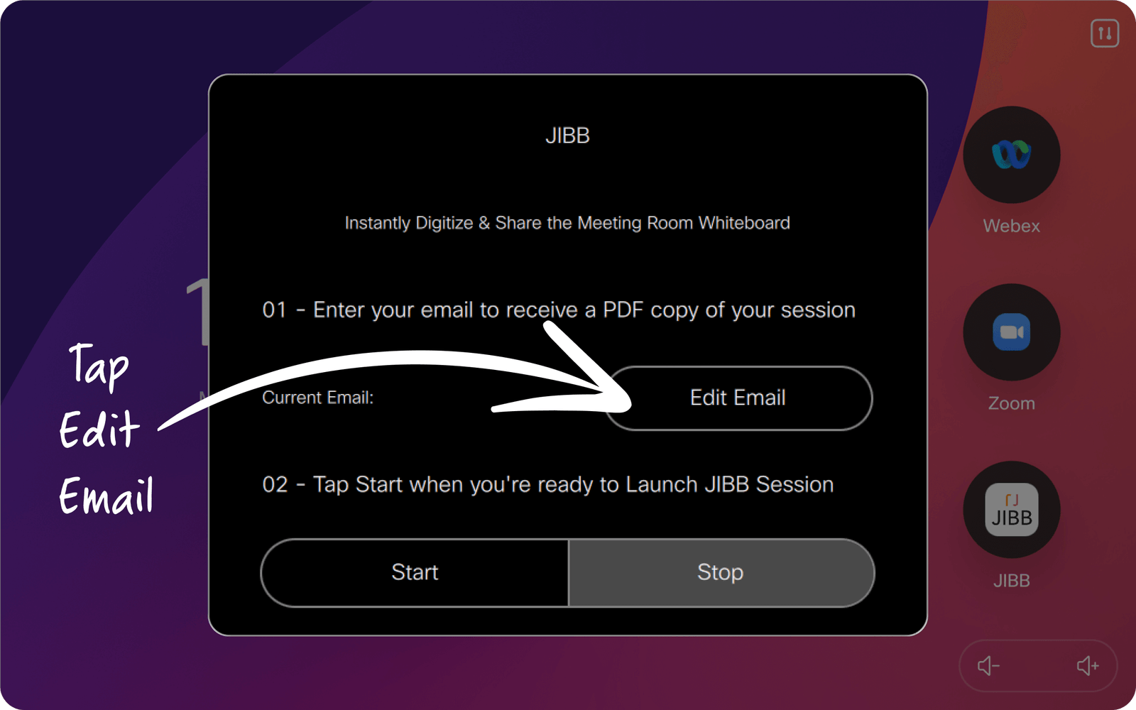 JIBB app screen with instructions to enter an email to receive a PDF, highlighting the 'Edit Email' button with a white arrow and text saying 'Tap Edit Email.'
