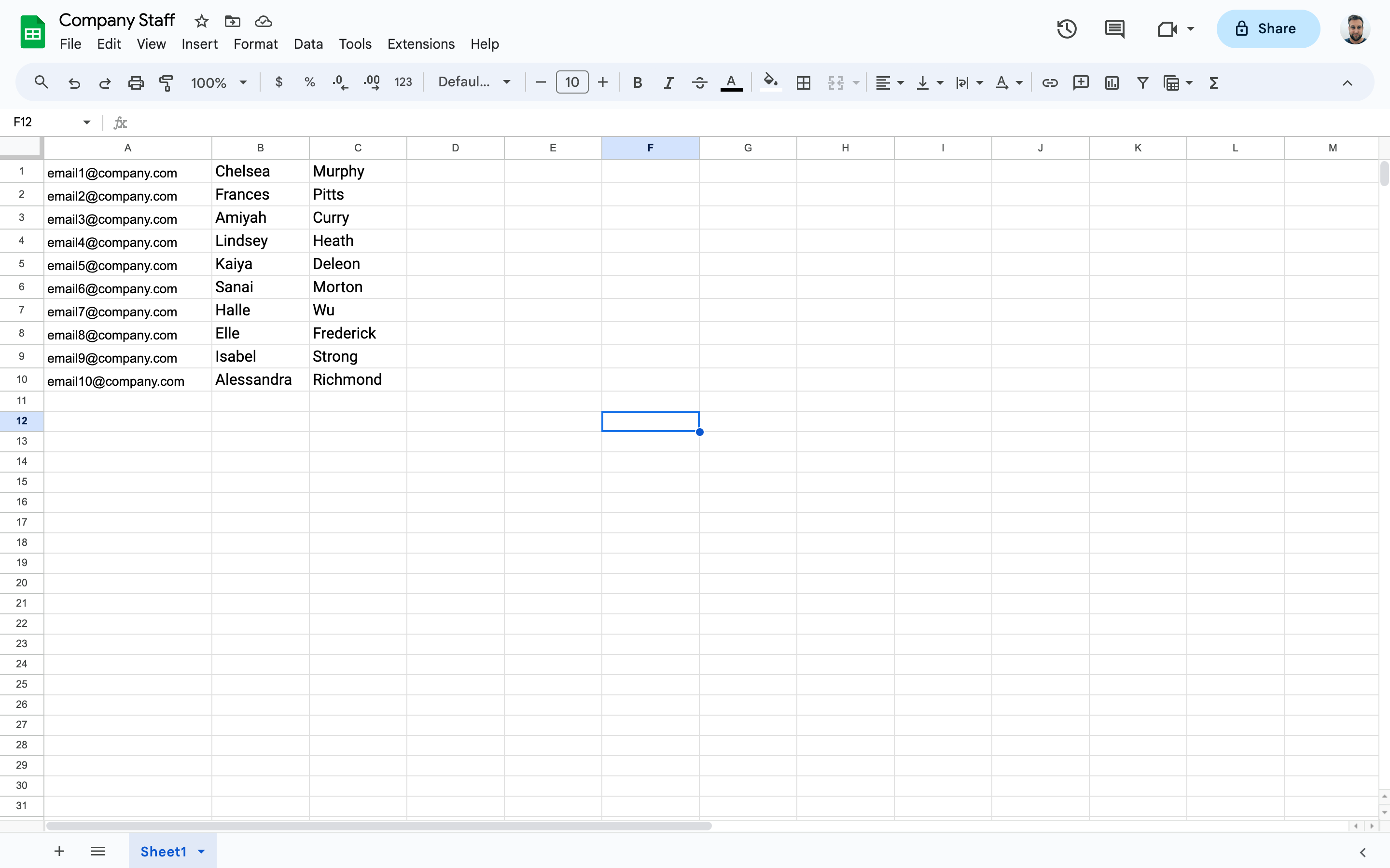 Spreadsheet titled Company Staff listing email addresses and corresponding first and last names in three columns.
