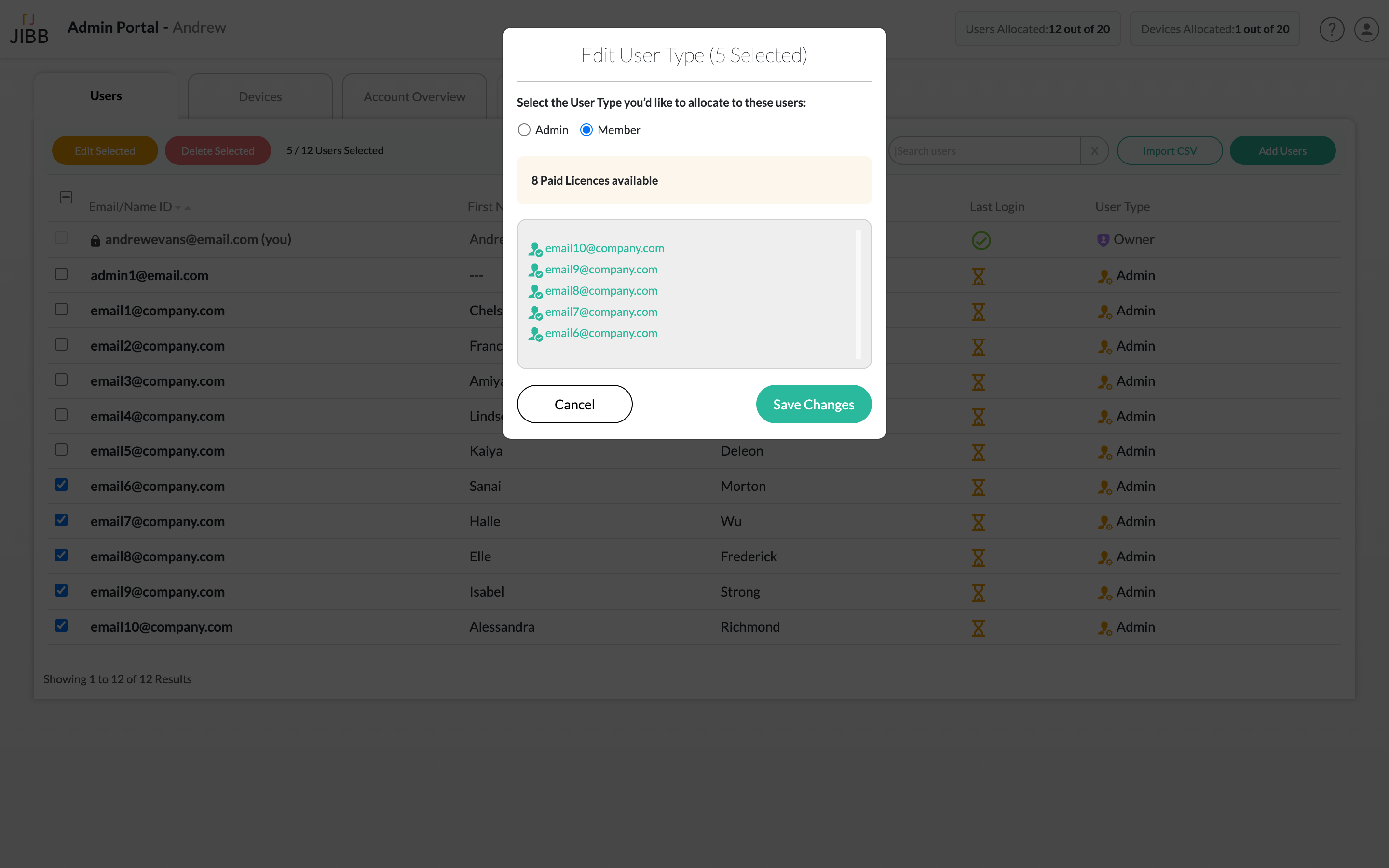 Admin portal interface showing user management with Edit User Type popup for five selected users, toggling between Admin and Member roles and listing their emails.