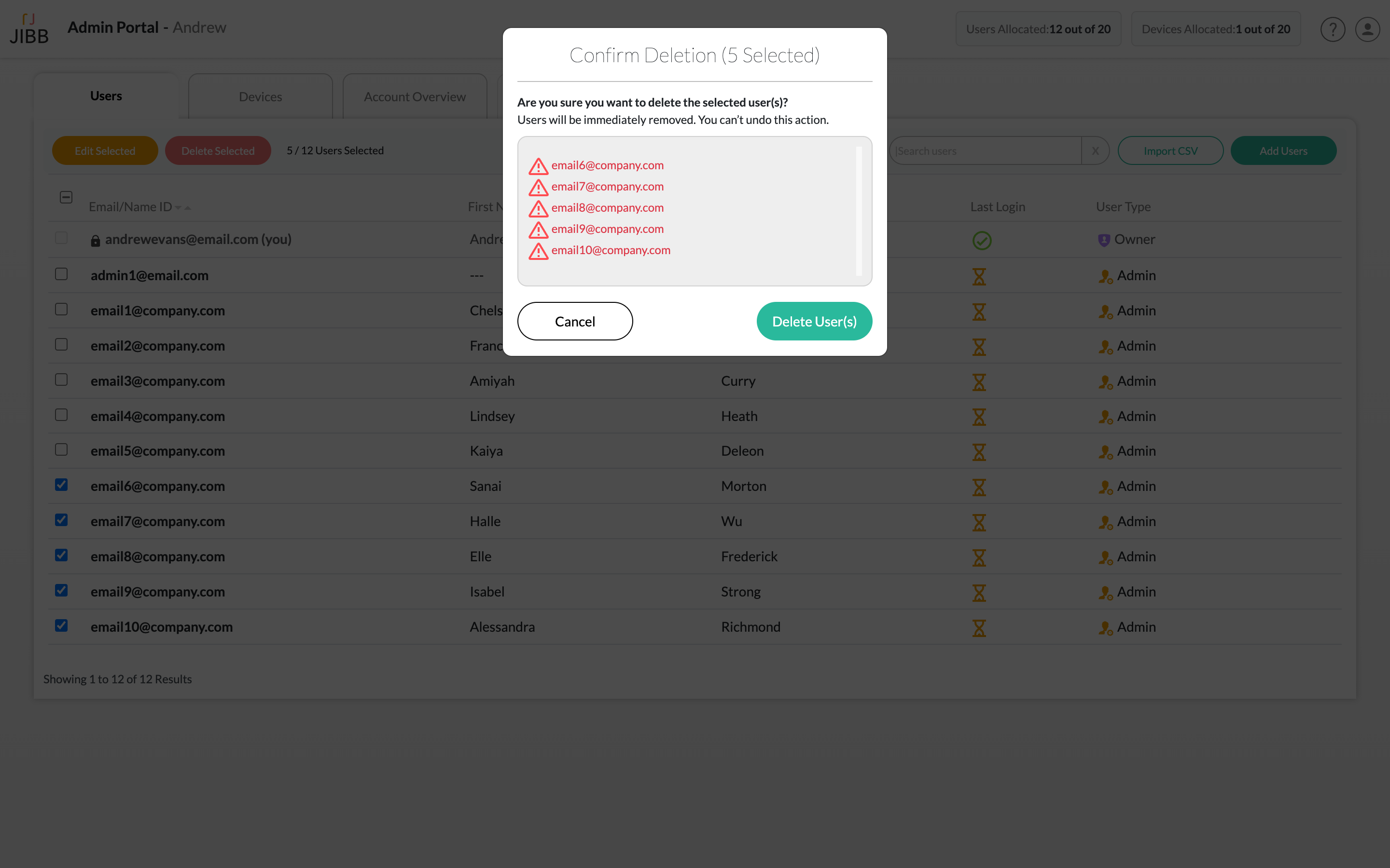 Admin Portal interface showing a confirmation pop-up to delete five selected users with their email addresses listed in red with warning icons, and buttons to cancel or delete users.