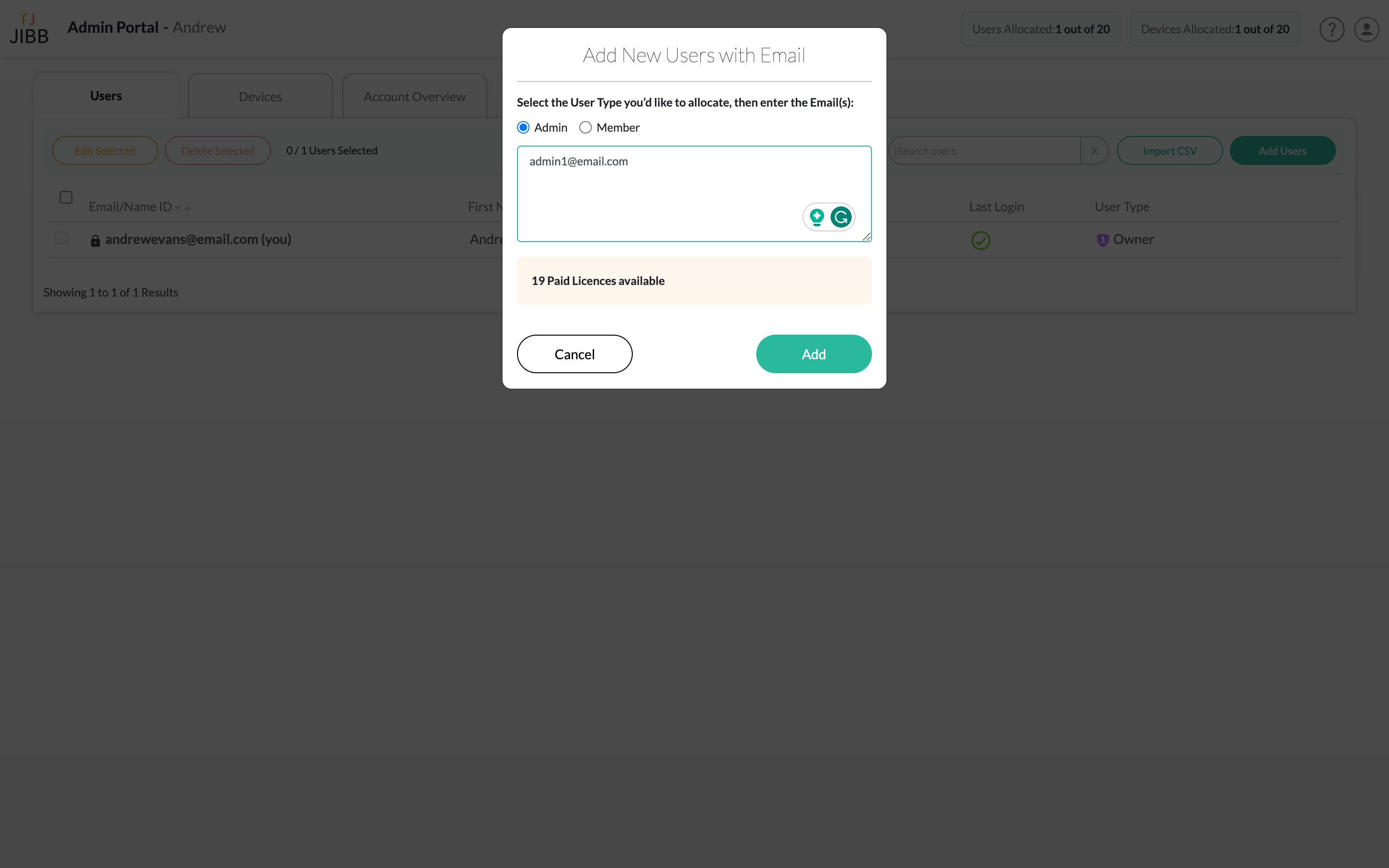 Popup window in admin portal to add new users with email, showing options to select user type Admin or Member, input field with admin1@email.com, and buttons Cancel and Add.