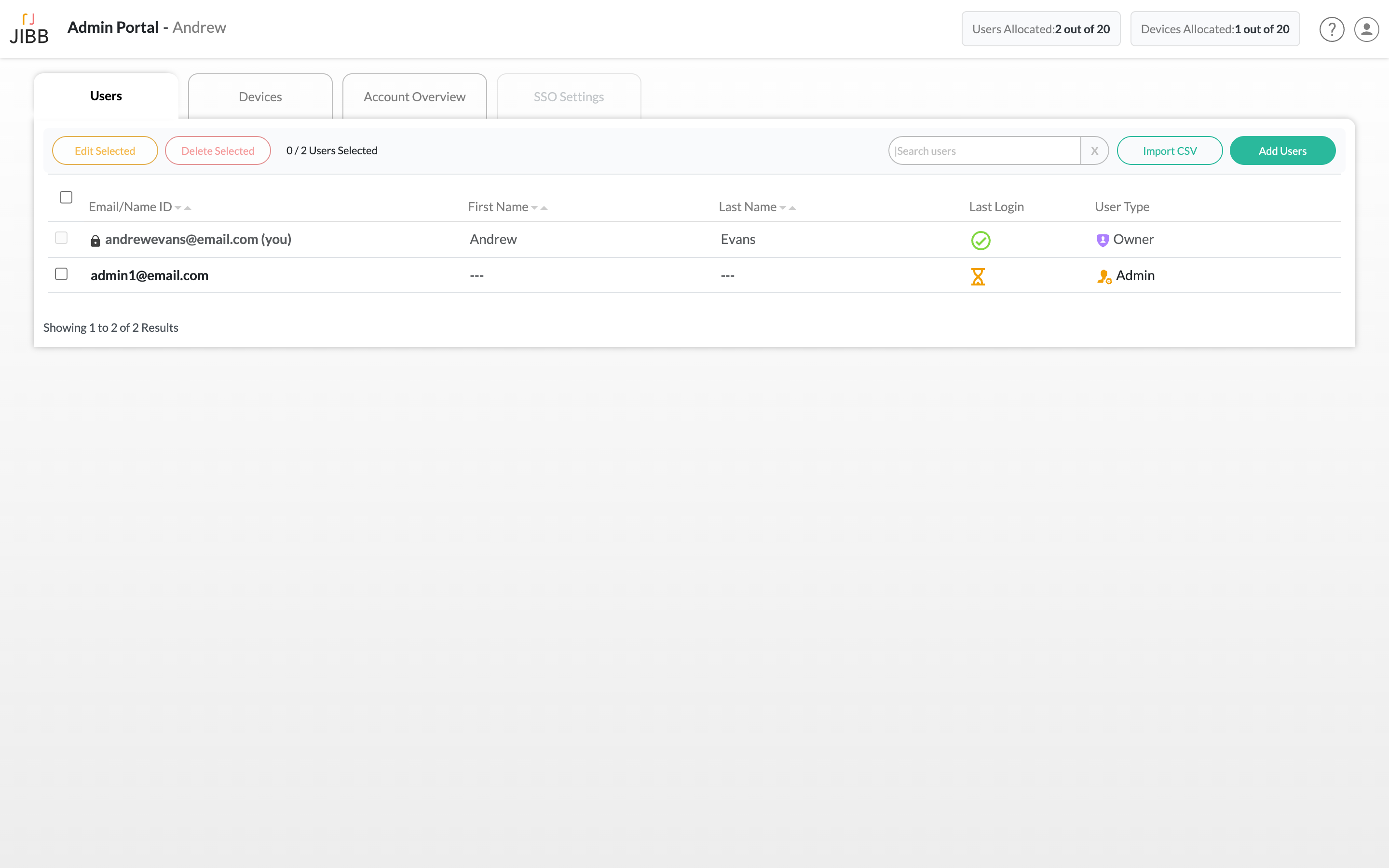 Admin portal user management screen showing two users: Andrew Evans as Owner with recent login, and admin1@email.com as Admin with pending login.