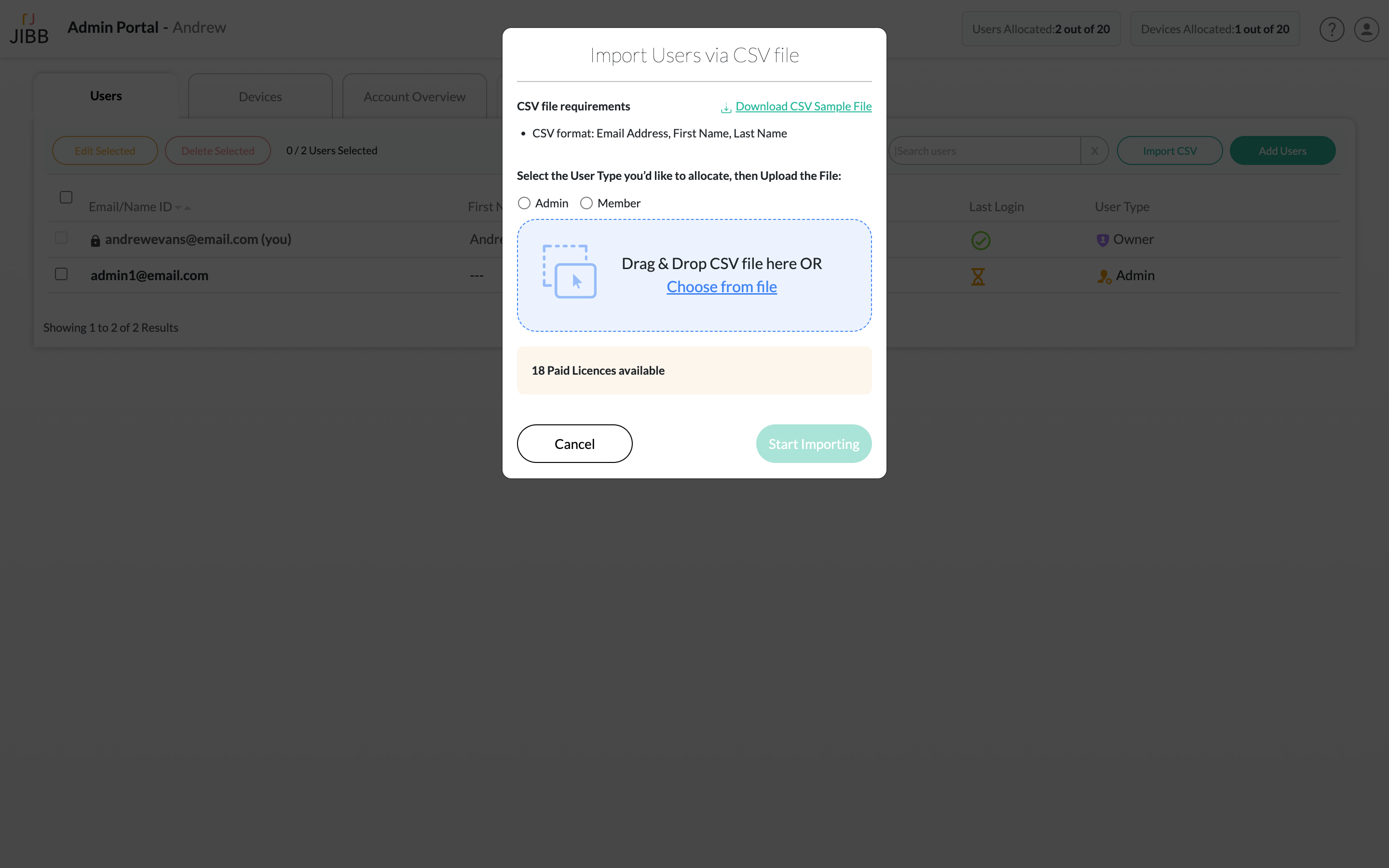 Admin portal interface showing a pop-up for importing users via CSV file with options to choose user type, drag and drop file area, and license availability.